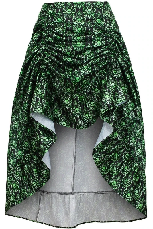 Black with Green Skulls  Victorian Skirt Adjustable hi-low