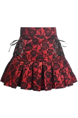 Black Lace over Red Satin Overlay Lace-Up Skirt
