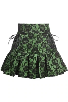 Black Lace over green Satin Overlay Lace-Up Skirt
