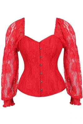 Red Lace over Red Satin Victorian Corset Long-sleeved Top​. 