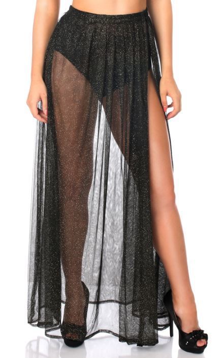 Long Sheer skirt with High slit Black w gold sparkles