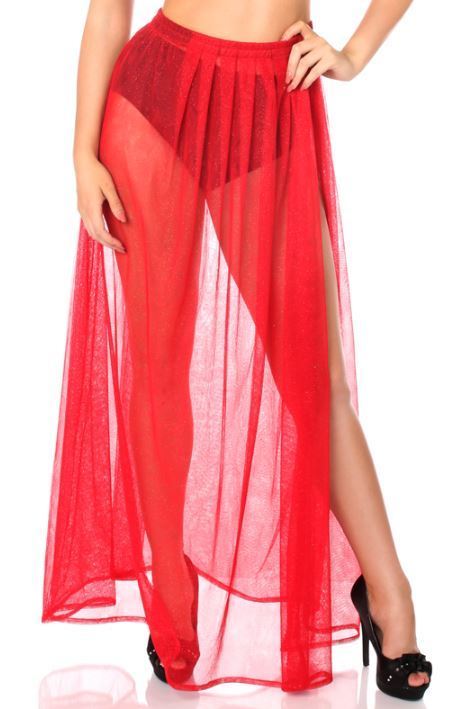 Long Sheer Mesh skirt with High slit Red