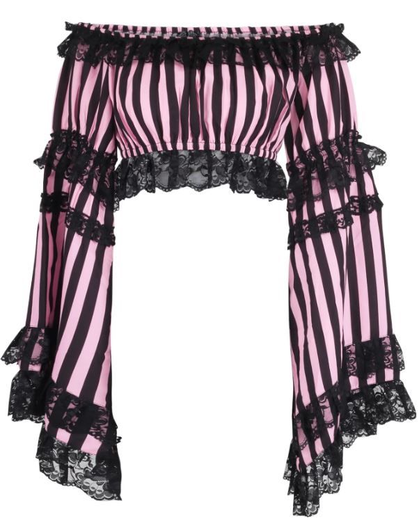 Pink with Black stripes Peasant long sleeve Crop Top with lace