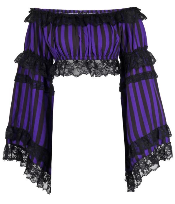 Purple with Black stripes Peasant long sleeve Crop Top with lace