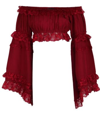 Dark Red Peasant long sleeve Crop Top with lace