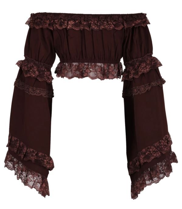 Brown Peasant long sleeve Crop Top with lace