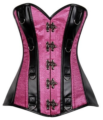 Plus size Black Faux Leather Pink Brocade Striped Steel Boned Corset