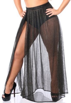 Plus Size Long Sheer skirt with High slit Black with gold glitter