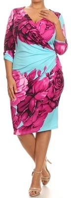 Faux Wrap Midi Dress Sky Blue purple Roses Clearance sale