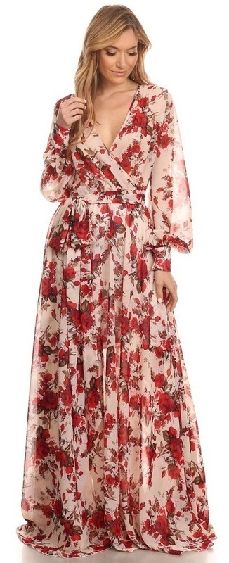 Faux Wrap Chiffon Long Maxi Dress Gown Beige Red Roses