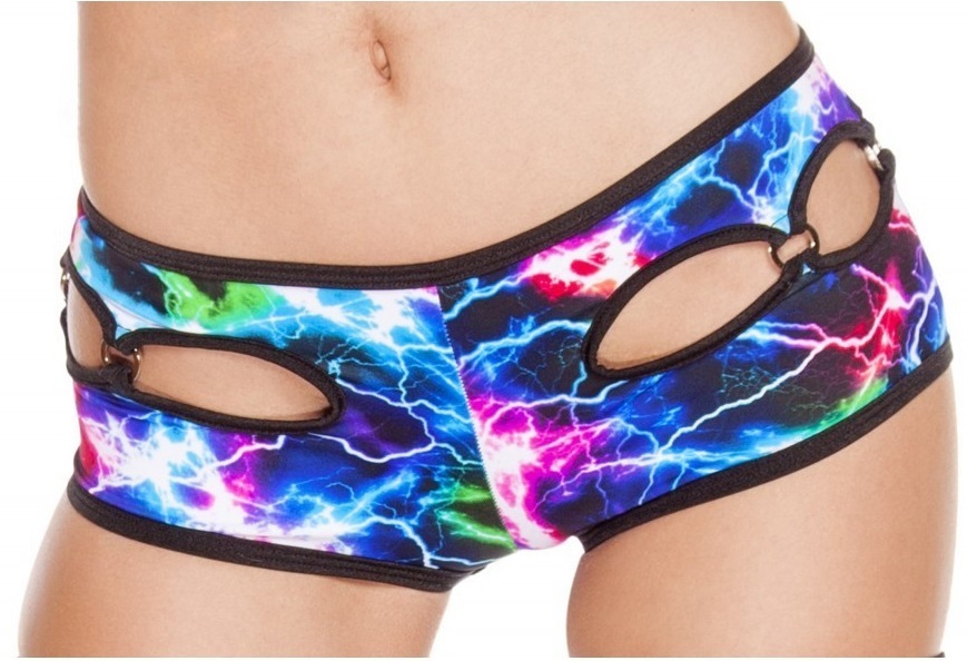 Printed Electric Lowrise Cut out O-ring Unlined Bikini Shorts