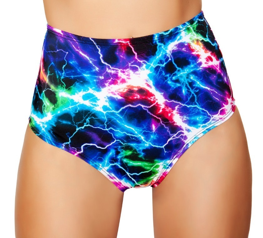 Printed Electric High waist Unlined Bikini Shorts w Pucker Bottom
