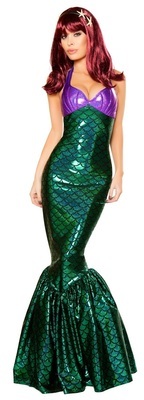 Hunter Green Mermaid gown w attached purple shell top