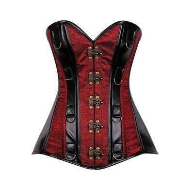 Plus size Black Faux Leather Wine Brocade Striped Steel Boned Corset