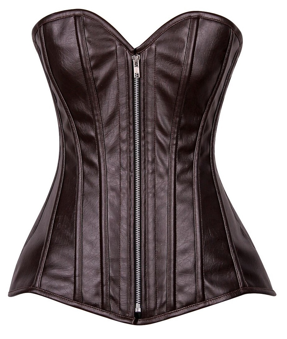 Plus size Dark Brown Distressed Faux Leather Steel Boned Corset