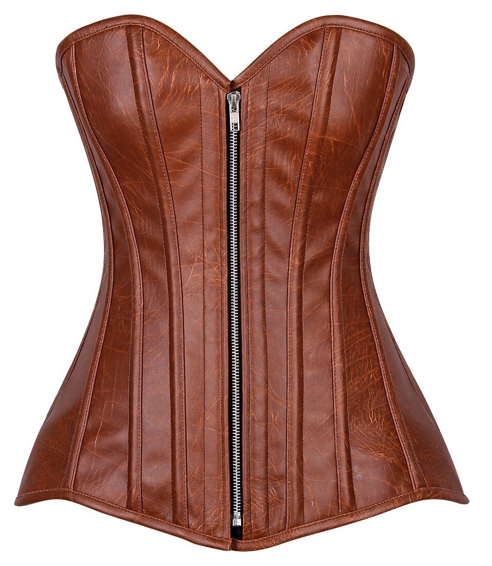 Plus size Light Brown Distressed Faux Leather Steel Boned Corset