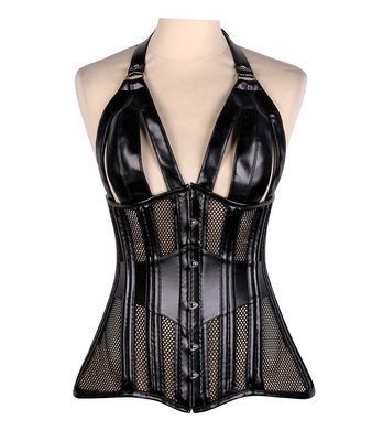 Plus size Fetish Fishnet Faux Black Leather Halter Corset