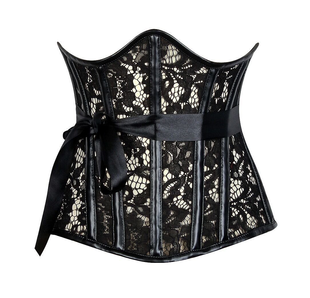 Plus size Faux Black Leather and Lace Open top Corset