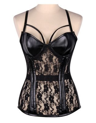 Plus size Faux Black Leather and Lace Bustier Corset