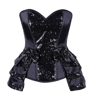 Plus Size High Class Black Satin Corset w Sequins & attached Skirt