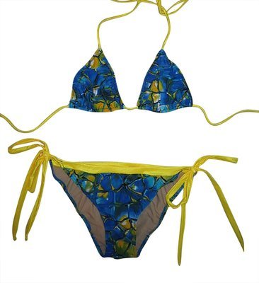 Plus size American Cut 2 Piece Bikini with tie sides Blue Tortoise Yellow Lined