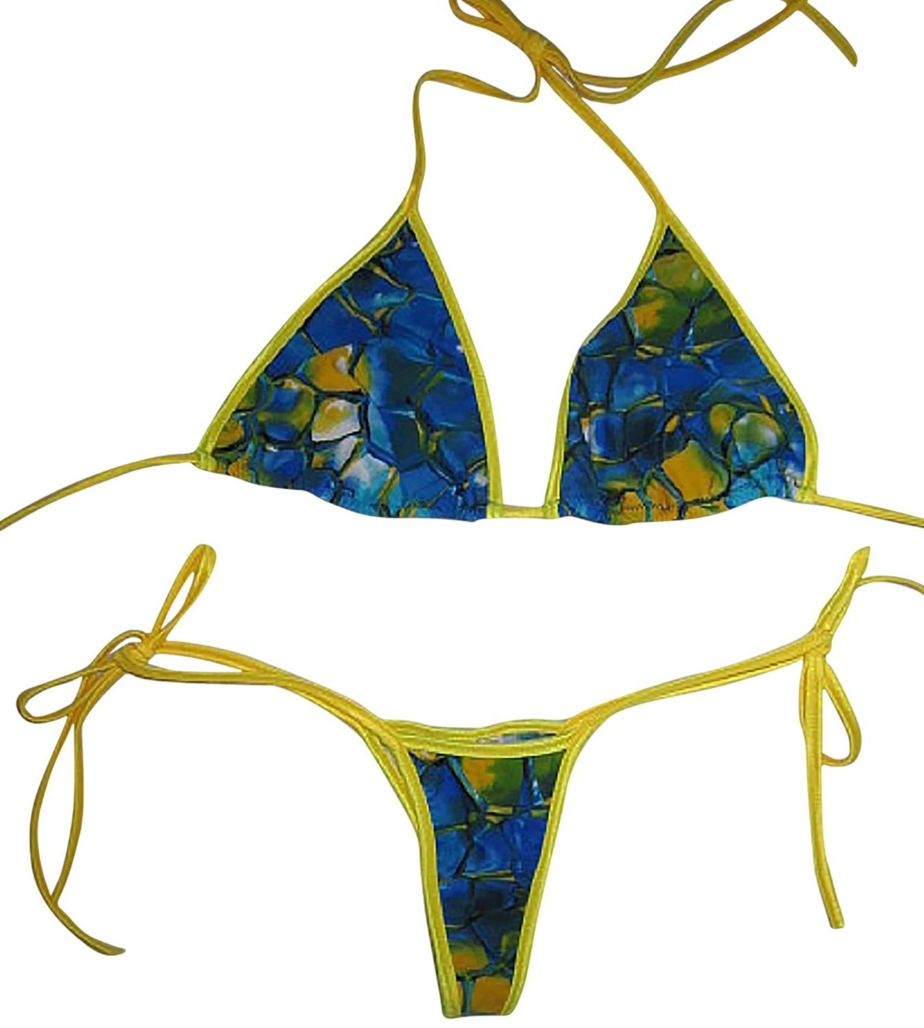 Plus size Tie Side Thong Bikini w Larger Cut Tri Top Blue Tortoise Yellow