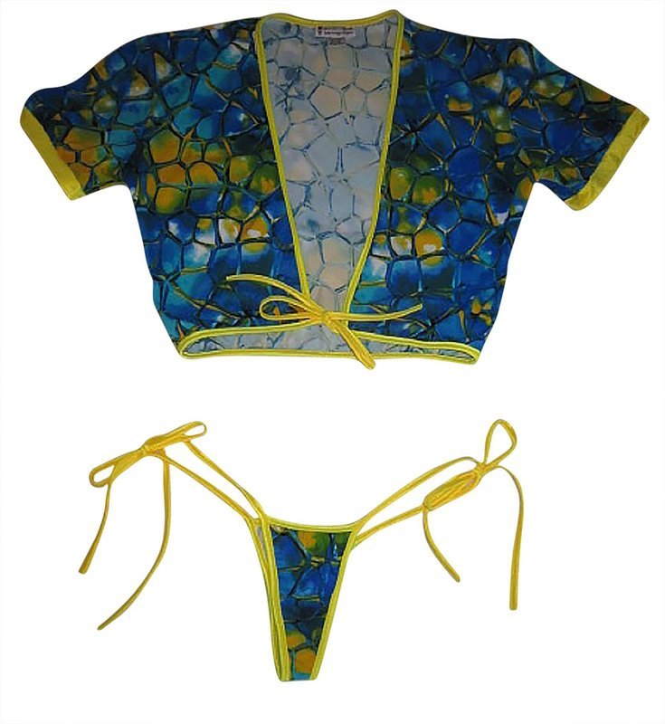 Plus size tie front Crop Top  w Tie Thong Blue Tortoise Yellow