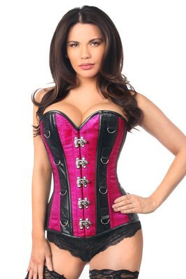 Black Faux Leather Fuchsia Brocade Striped Steel Boned Corset