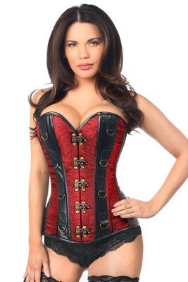 Black Faux Leather Wine Brocade Striped Steel Boned Corset