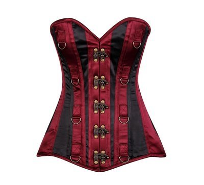 Wine w Black Satin Striped Steel Boned Corset