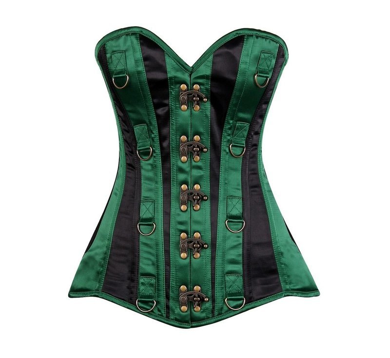 Green w Black Satin Striped Steel Boned Corset