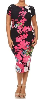 Midi Dress Navy Blue pink tropical flowers Clearance Sale