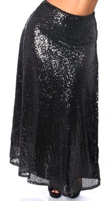 Plus size Black Sequins Long skirt with High slit