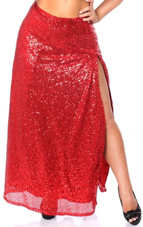 Plus size Red Sequins Long skirt with High slit