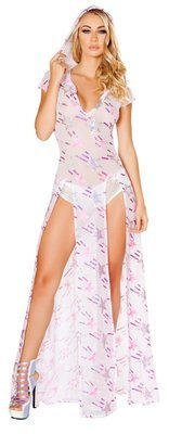 Sheer High Slit hooded Nightgown dress White Multi Color Sequins