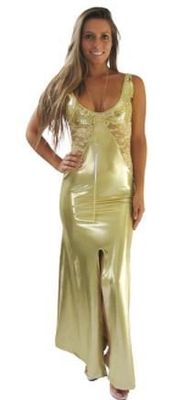 Gold Matrix Foil Lace A Line Long Gown Dress w front slit