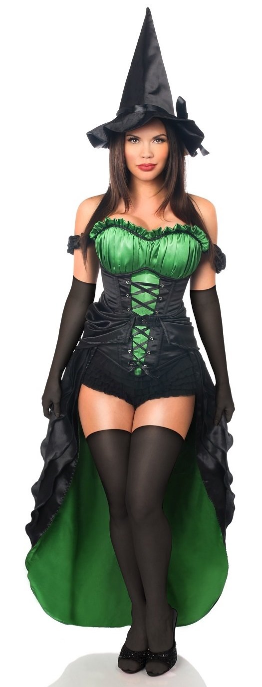 5PC Premium Satin Witch Corset Costume Black w Green