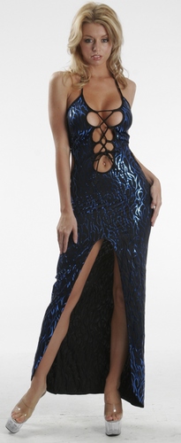 Delicate Illusions L0706FL Cleavage baring metallic Foil Lace up dress high side slit