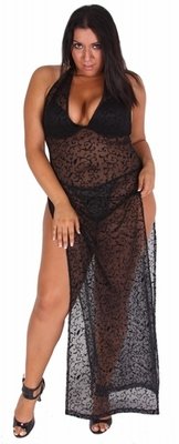 Delicate Illusions L8022FMX-Scroll Plus Size Long Flocked Mesh Sexy Nightgown
