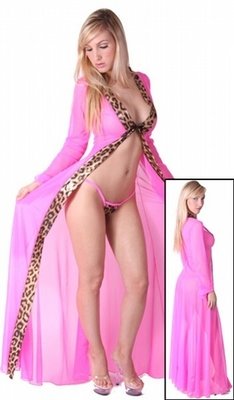 Long Sexy Mesh Robe w Neon Pink Leopard trim 4x Clearance
