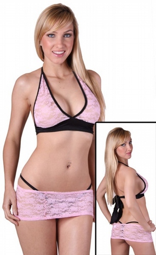 Delicate Illusions S0926LA Lace  lycra crop cami halter top micro skirt thong