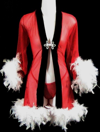 Christmas Lingerie Babydoll tuxedo robe w Marabou