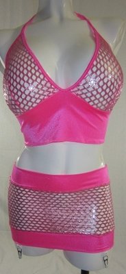 Metallic Honeycomb fishnet banded Garter Skirt w Halter Lingerie top