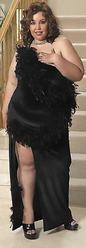 Plus size one shoulder velvet long dress w feather boa trim