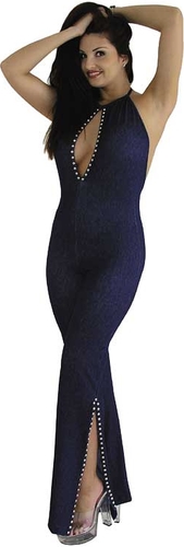 Denim Catsuit w keyhole neck studs and leg slits