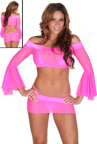 Sparkle Mesh sheer skirt w bell sleeve crop top 4 pieces