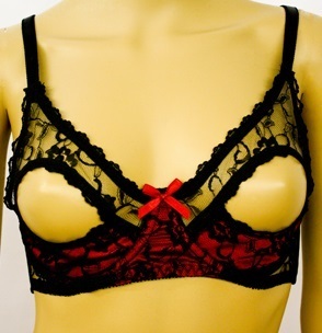 Satin w Lace Underwire Open Nipple Bra Burgundy Black 32-38 A to C