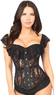 Black Sheer Lace Steel Boned Corset Off shoulder w Ruffles