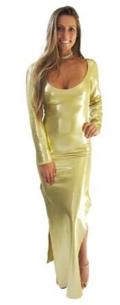 Gold Matrix Foil Low Cut Long sleeve Dress Gown with High slits