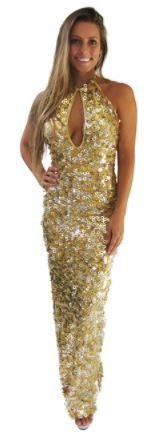 Gold Sequins Cleavage keyhole long dress w high slits